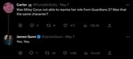James Gunn’s reply to a fan question (Image via James Gunn’s Twitter)